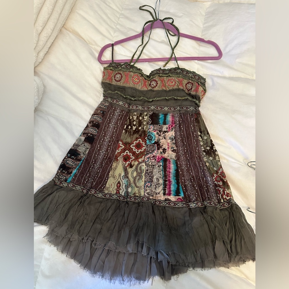 VTG Boho Patchwork Tiered Spaghetti Strap Dress in Olive and Multi size M silk